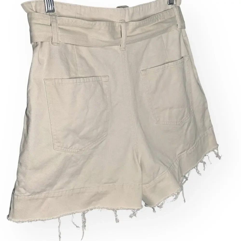 ALLSAINTS Cala Paperbag Belted Shorts Pleated Frayed Hem Beige Ivory High Rise